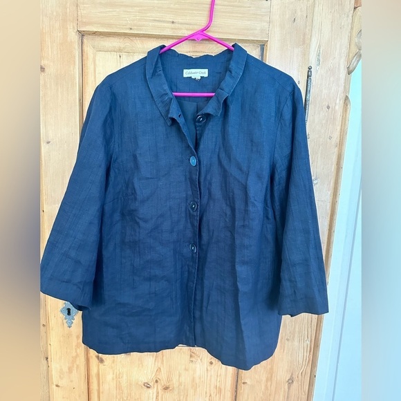 Coldwater Creek Linen Jacket Button Down W/Peter Pan Collar Dark Navy Size L - Picture 7 of 10